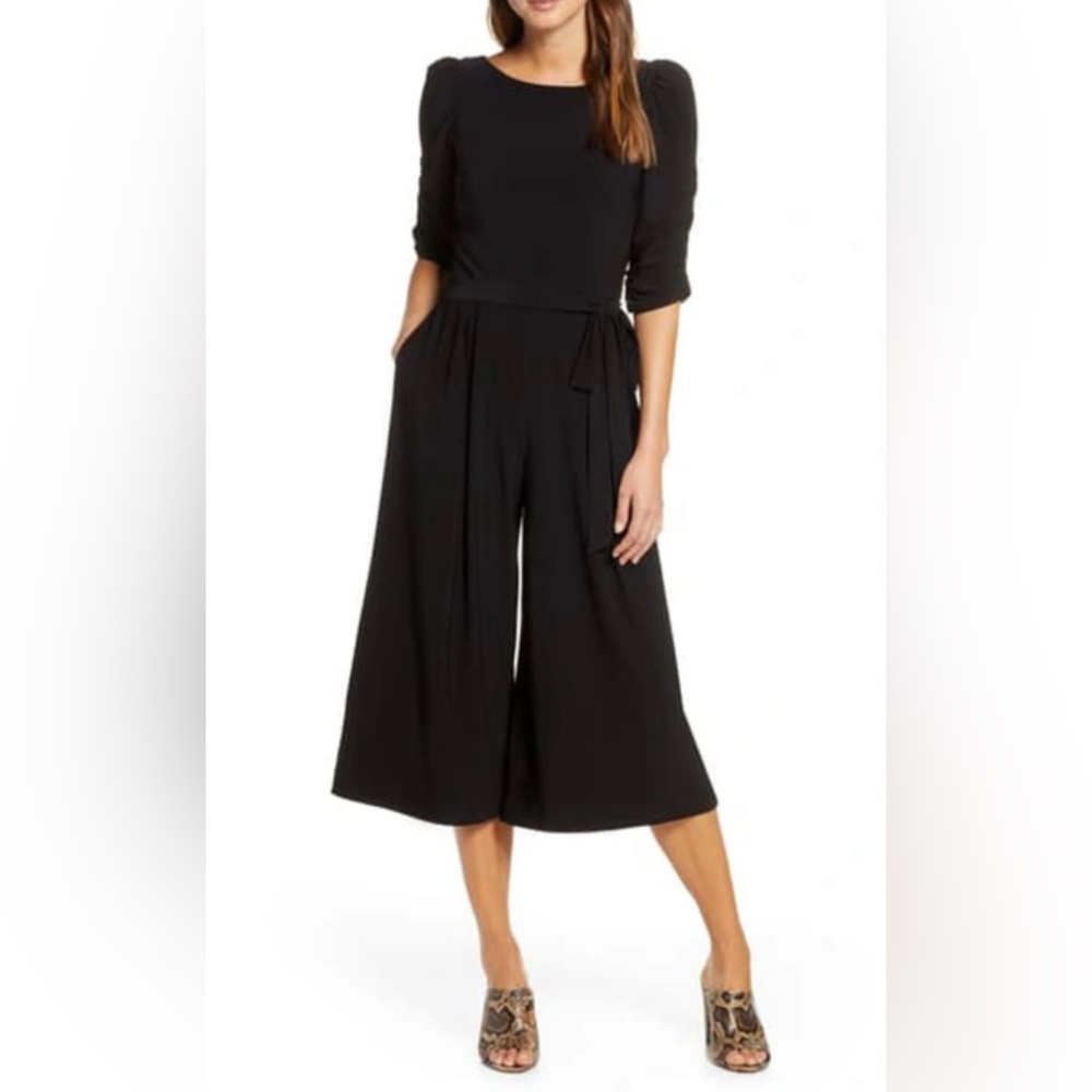 Black Eliza J Ruched Sleeve Jersey Cropped Jumpsuit